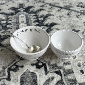 Cute decorative bowls for queso and chocolate treats.